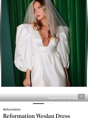 Reformation White Puff-Sleeve V-Neck Wedding Dress